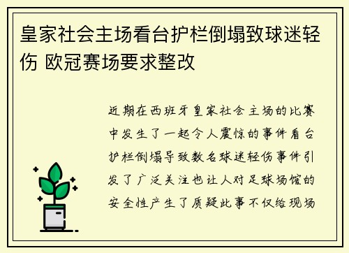 皇家社会主场看台护栏倒塌致球迷轻伤 欧冠赛场要求整改 皇家社会主场看台护栏倒塌致球迷轻伤 欧冠赛场要求整改